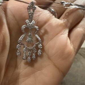 Elegant 14K White Gold Chandelier Pendant, Natural Diamonds, 18” Omega Chain.